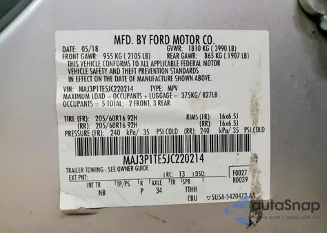 2018 Ford Ecosport Se z USA, uszkodzony, nr VIN MAJ3P1TE5JC220214